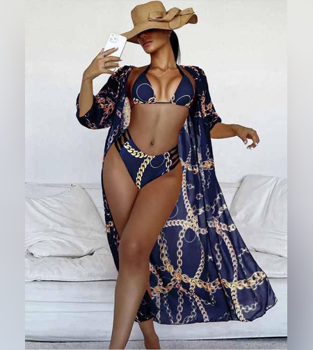 בגד ים סט 3 חלקים כולל עליונית תואמת כחול