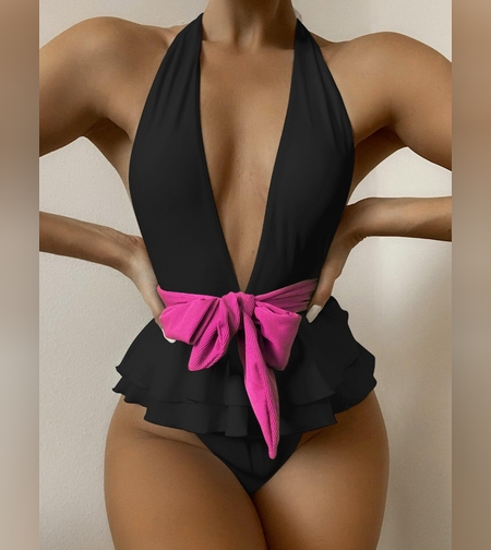 בגד ים שלם קשירה במותן שחור