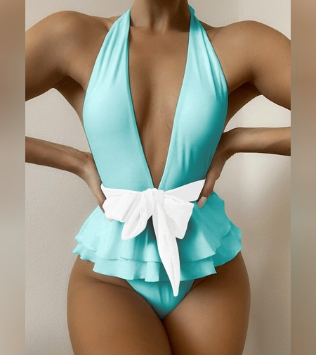 בגד ים שלם קשירה במותן  תכלת