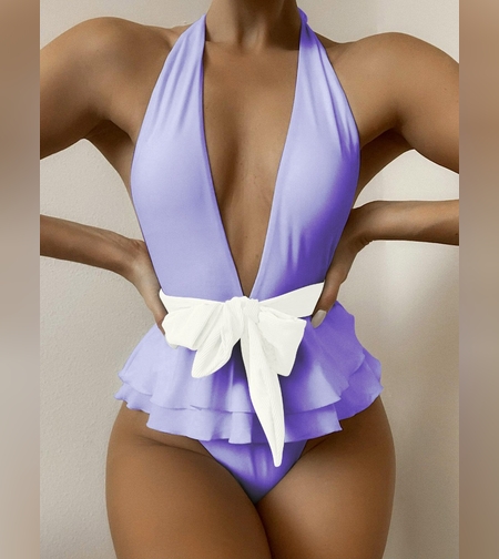 בגד ים שלם קשירה במותן  סגול לבן