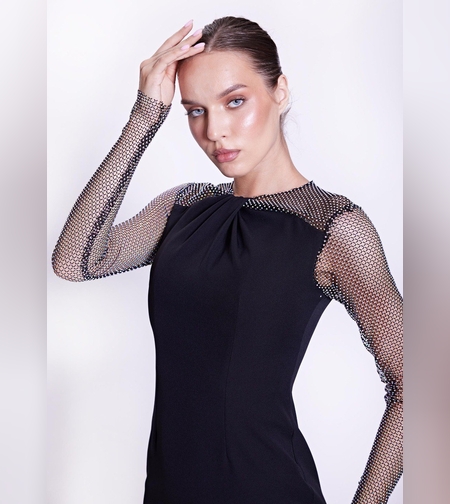 שמלה שחורה רשת אבנים בשרוול