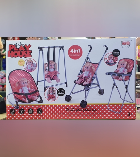 طقم عرباي مع كرسي ومرجيحة لدمية بيبي 4IN1