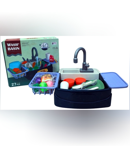 حوض غسيل لعبة مطبخ مع مضخة مياه وملحقات، 27 قطعة