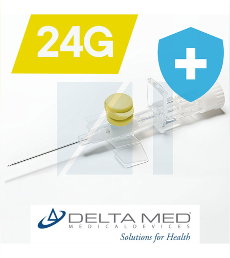 צנתר/וונפלון לעירוי 2 דרכים דלתה 24G צהוב 50 יח' - DELTA MED