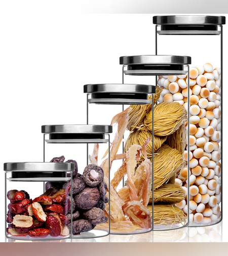 סט של 5 מיכלי אחסון זכוכית עם מכסה נירוסטה,לשמירה על טריות המזון.