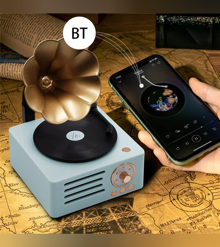 פטיפון בסגנון רטרו עם רמקול אלחוטי ן Bluetooth