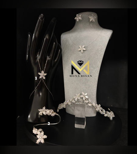 סט כלה כתר קריסטלים  פרחוני עדין צמיד שרשרת וטבעת