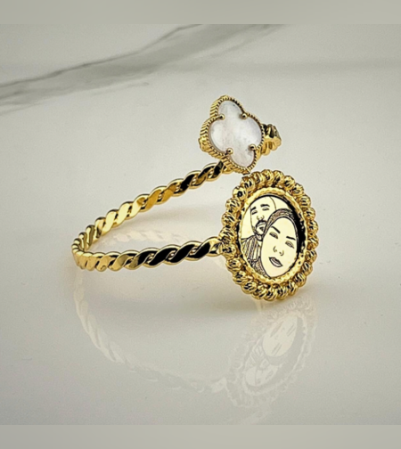 צמיד קשיח יוקרתי תלתן לבן ותמונה ממוסגרת