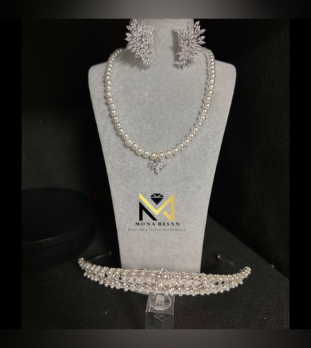 סט כלה כתר פנינה נמוך שרשרת פנינה ועגילים