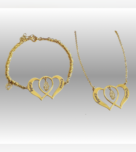 סט שרשרת וצמיד לב כפול עם חריטה ותליון חמסה מזורקנן