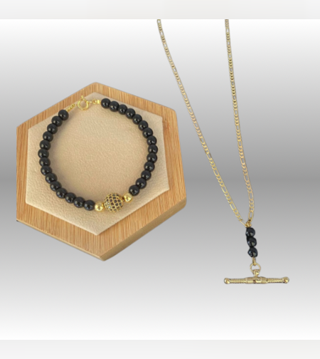 סט שרשרת גורמט מוט מאונך וצמיד חרוזים שחורים