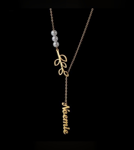 שרשרת שם בשילוב עלים ופנינה