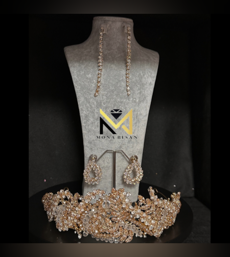 סט כלה כתר&עגילים בצבע אפרסק מוזהב