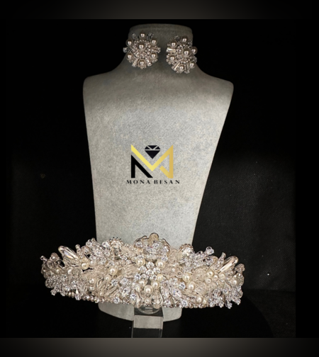 סט כלה כתר קריסטלים ופנינה
