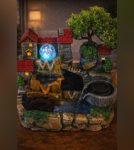 מזרקת מים שולחנית כפרית עם בתי כפר, עץ נוי וכדור זכוכית מואר