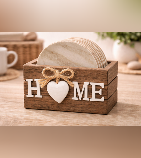 קופסת תחתיות לכוסות עם עיצוב HOME | מעמד תחתיות דקורטיבי לשולחן