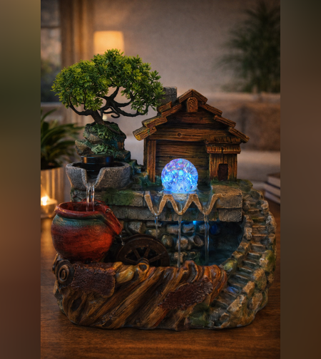 מזרקת מים שולחנית דקורטיבית בעיצוב בית כפרי | מזרקה קטנה להרגעה