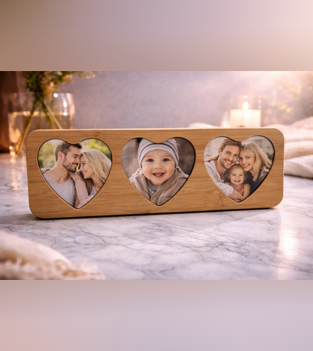 מסגרת עץ עם 3 לבבות להדפסת תמונות | מתנה רומנטית אישית
