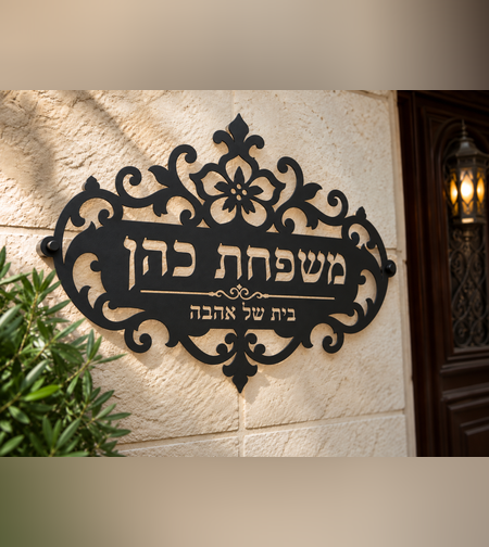 שלט כניסה לבית בעיצוב קלאסי עם פרח | חיתוך CNC בהתאמה אישית | מידה 45×30 ס