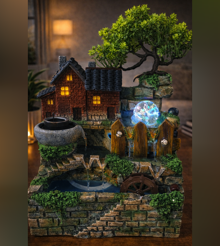 מזרקת מים שולחנית דקורטיבית עם בית כפרי ועץ  | מזרקת זן מרגיעה לבית ולמשרד