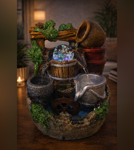מזרקת מים שולחנית דקורטיבית  קטנה בעיצוב כפרי עם כדור מים זורם