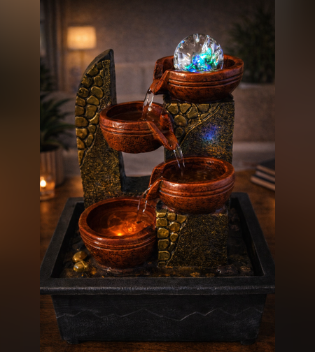 מזרקת מים שולחנית עם מפל קערות | מזרקה דקורטיבית מרגיעה לבית ולמשרד
