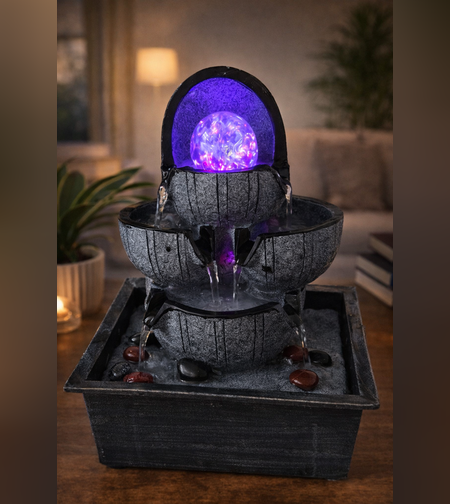 מזרקת מים שולחנית מדורגת עם כדור זכוכית מואר | מזרקה דקורטיבית לבית ולמשרד