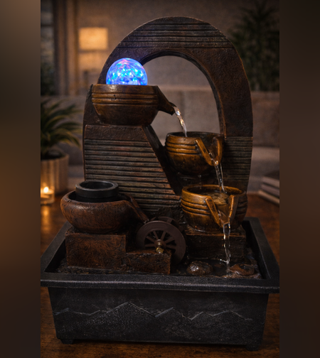 מזרקת מים שולחנית דקורטיבית עם קשת וכדורי קנקנים זורמים ותאורת LED