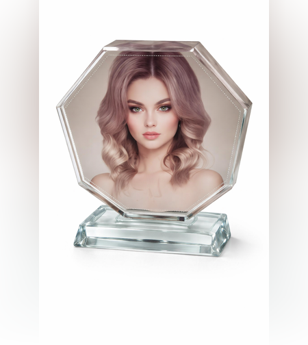 קריסטל זכוכית משושה עם הדפסה אישית | מעמד תמונה יוקרתי