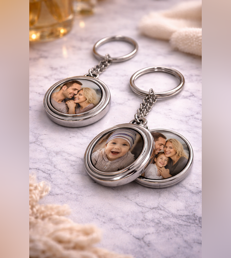 מחזיק מפתחות עגול דו־צדדי עם תמונה מסתובבת