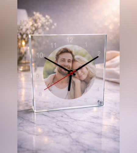 שעון זכוכית עם תמונה אישית | שעון מודפס על זכוכית מתנה מיוחדת