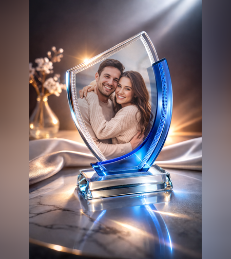 קריסטל זכוכית מעוצב עם הדפסה אישית | מעמד תמונה יוקרתי כחול