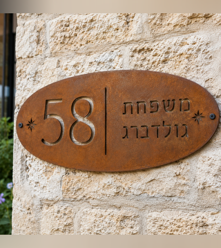 שלט מתכת אובלי לבית בהתאמה אישית – מספר בית ושם משפחה בעיצוב חלודה | מידות 45×25 ס