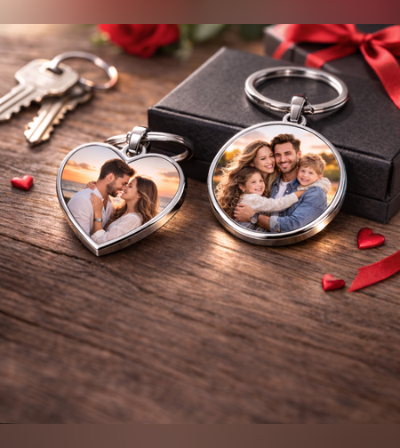 מחזיק מפתחות מתכת עם תמונה בהתאמה אישית – דגם עגול / לב