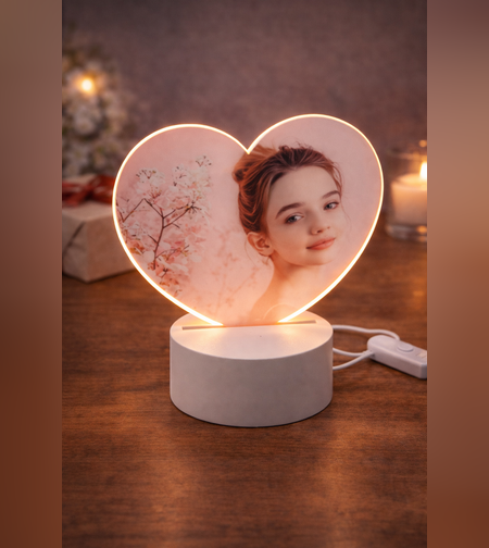 מנורת לילה צורת לב אקרילית עם תמונה אישית | מנורת LED עם הדפסה