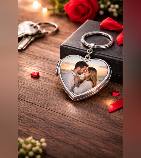 מחזיק מפתחות לב נפתח עם מראה | הדפסת תמונה בהתאמה אישית
