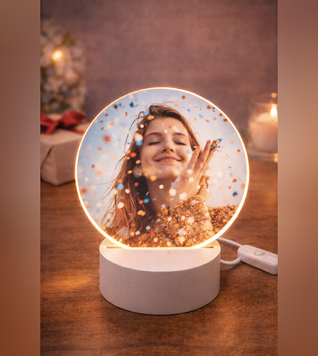 מנורת LED עגולה עם תמונה אישית | מנורת לילה מודפסת בהתאמה אישית