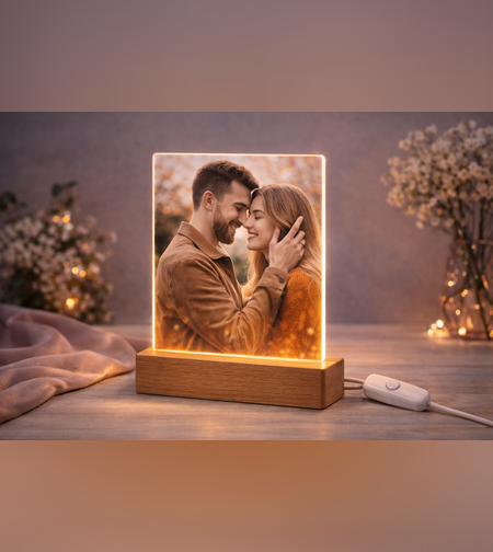 מנורת LED אקרילית עם הדפסה אישית ובסיס עץ | מנורת לילה עם תמונה