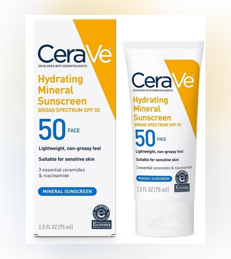 CeraVe Hydrating Mineral Sunscreen SPF 50 Face – קרם הגנה מינרלי משלב לחות לפנים (75 מ