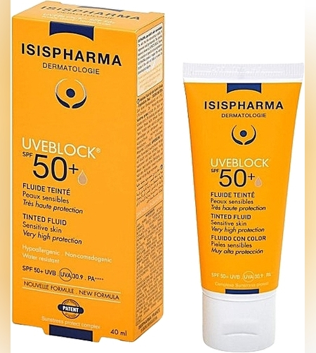 Isispharma Uveblock SPF 50+ Tinted Fluid – תחליב הגנה עם גוון לעור רגיש, הגנה רחבת טווח ועמידות גבוהה (40ml)