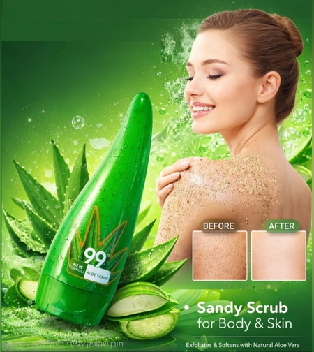 סראב ג'ל אלוורה 99% לחידוש עור הפנים והגוף - Sandy Scrub   ​הפתרון המושלם לעור חלק, נקי וזוהר במינימום מאמץ!