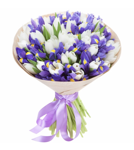 A bouquet of irises and a white tulip