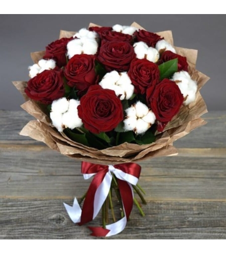 Bouquet of red roses and cotton #108