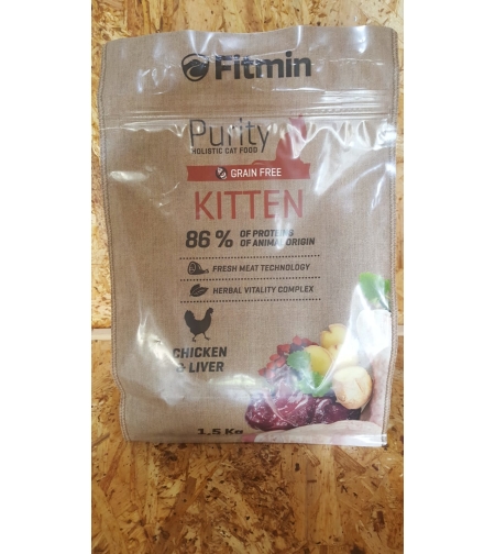 פיטמין מזון מלא ללא דגנים לגורי חתןלים עד גיל 12 חודשים וחתולות בהריון שמניקות Fitmin purity kitten