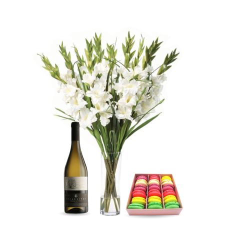 Bouquet of white gladioli + Ferrero + Wine