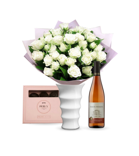 Bouquet of white roses + Perly chocolate + Wine