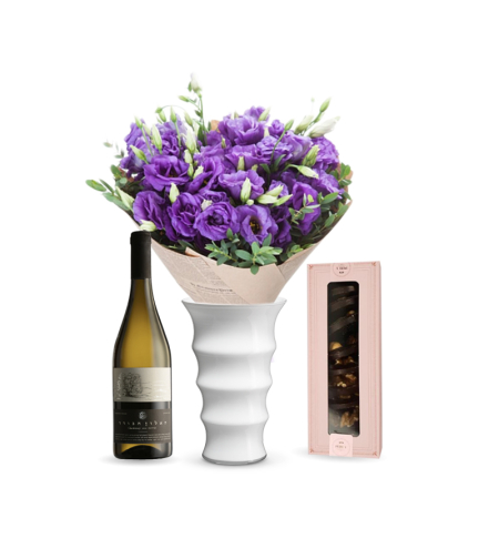 Bouquet of purple lisianthus + Perly Chocolate Medallions + Wine