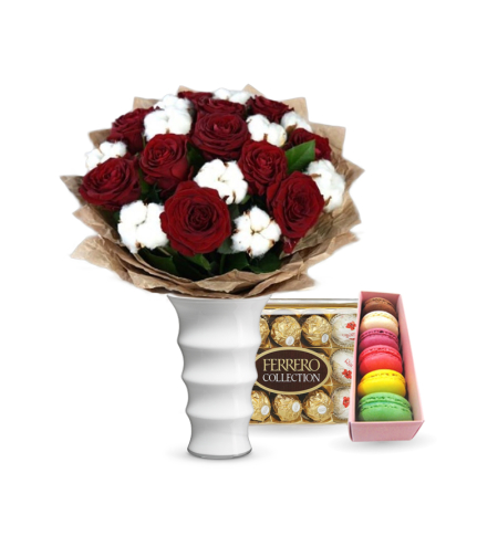Bouquet of red roses and cotton + Macarons + Ferrero Rocher
