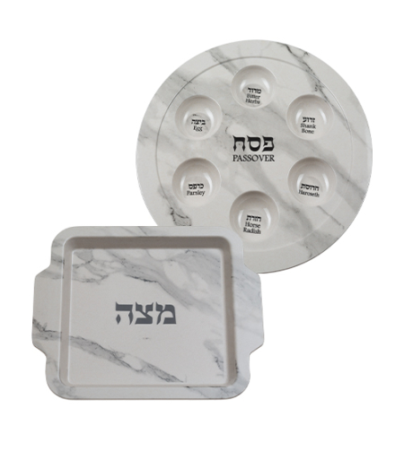 Passover plate set and white marble-like melamine matzah
