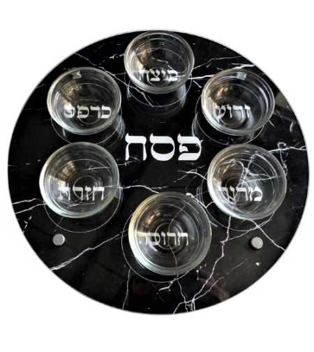 Black marble glass Passover plate including 33 cm flasks